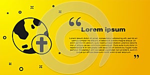 Black Christian cross with globe Earth icon isolated on yellow background. World religion day. Vector
