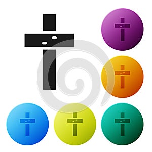 Black Christian cross icon isolated on white background. Church cross. Set icons in color circle buttons. Vector