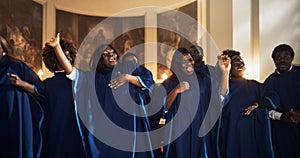 Black Christian Gospel Singers in Church Clapping and Stomping, Praising Lord Jesus Christ. Warm photo