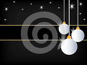 Black Christmas background. Three Hanging White christmas ball decoration with start at the top