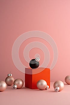 Black Christmas ball on a red cube is nearby with golden balls