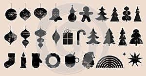 Black Christmas icons and abstract shapes collection. Set of geometric hand drawn elements, minimalist Christmas photo