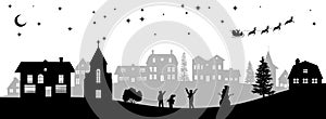 Black christmas panorama. Silhouettes of kids looking at Santas sleigh. Celebration scene. Isolated village landscape.