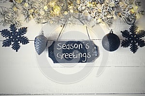 Black Christmas Plate, Fairy Light, Text Seasons Greetings photo