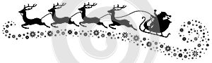 Black Christmas Sleigh Santa And Four Flying Reindeers Snowflakes Below