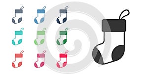 Black Christmas stocking icon isolated on white background. Merry Christmas and Happy New Year. Set icons colorful