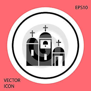 Black Church building icon isolated on red background. Christian Church. Religion of church. White circle button. Vector