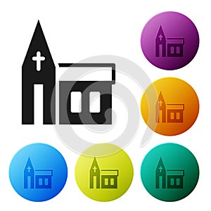 Black Church building icon isolated on white background. Christian Church. Religion of church. Set icons in color circle