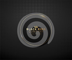 Black circle with golden thin ring frame luxury banner. Golden text on black round label frame. Dark dots pattern background.