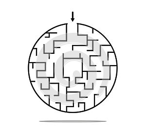 Black circle maze isolated on white background. Black round labyrinth with one entrance and target. Labyrinth symbol. Circle