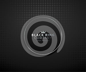 Black circle with platinum thin ring frame luxury banner. Silver text on black round label frame. Dark dots pattern background.