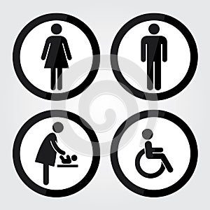 Black Circle Toilet Sign with Black Circle Border, Man Sign, Women Sign, Baby Changing Sign, Handicap Sign