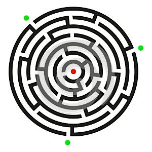 Black circle vector maze isolated on white background. Labyrinth with green entrances and red target. Vector maze icon