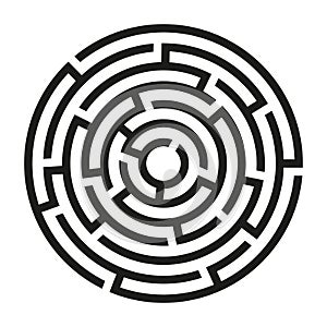 Black circle vector maze isolated on white background. Labyrinth with three entrances and one target. Vector maze icon