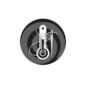 Black circular icon featuring a stylized white thermometer and a needle with thread. Th