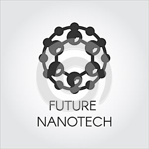 Black circular logo symbolizing nanotech chemical compound. Abstract icon in flat design of future technology theme