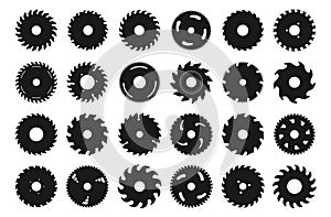 Black circular saw. Different silhouettes of circle blades for woodwork and carpentry equipment. Electric rotary metal discs with