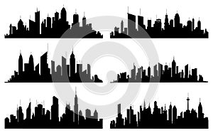 Black cities silhouette collection. Horizontal skyline set in flat style isolated on white. Cityscape, urban panorama of