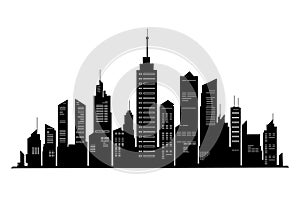 Black cities silhouette collection. Horizontal skyline set in flat style isolated on white. Cityscape with windows