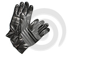 Black classic leather men`s gloves on white isolated background top view. Stylish Fashionable winter autumn spring clothing