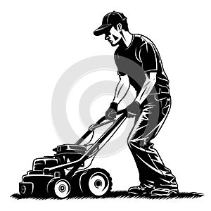 Black Clip Art of a Man Using a Push Mower, Generative AI