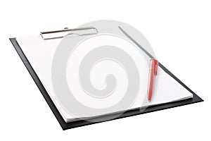 Black clip board with blank paper and pen