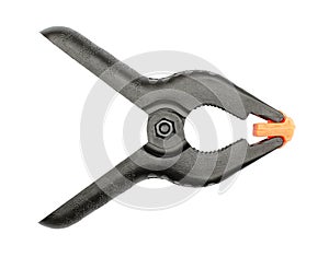 Black clip for a photophone on a white background. Equipment for subject shooting