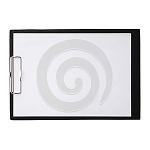 Black clipboard with clip at the top for papers, horizontal. Single clipboard, writing board with papers. Realistic