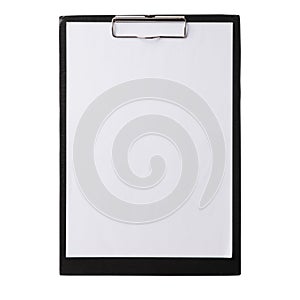 Black clipboard with clip at the top for papers. Single clipboard, writing board with papers. Realistic, photography