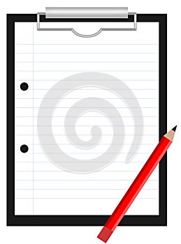Black clipboard with lined paper and red pencil