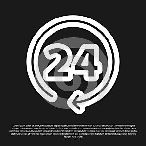 Black Clock 24 hours icon isolated on black background. All day cyclic icon. 24 hours service symbol. Vector
