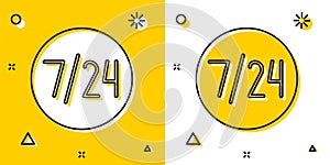 Black Clock 24 hours icon isolated on yellow and white background. All day cyclic icon. 24 hours service symbol. Random
