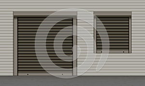 Black closed roller garage shutter door and window with realistic texture on the grey facade