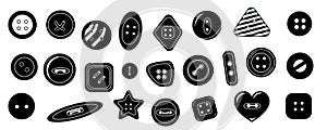 Black clothing buttons. Simple sewing textile accessories icons, round dressmaking elements for fashion design. Vector