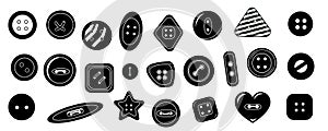 Black clothing buttons. Simple sewing textile accessories icons, round dressmaking elements for fashion design. Vector photo