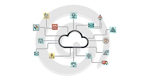 A black cloud computing concept graphic with connected technology icons in a flowchart design