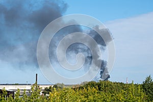 Black clouds of smoke against the blue sky at the bottom of the frame green trees