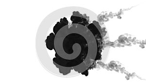 Black clouds or smoke, ink inject is isolated on white in slow motion. Black gouache splatters in water. Inky background
