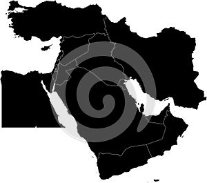 BLACK CMYK color map of MIDDLE EAST (with country borders)