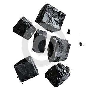 Black coal chunks isolated on a transparent background. Collection of raw coal pieces with a glossy texture, irregular photo
