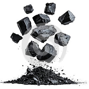 Black coal chunks isolated on a transparent background. Collection of raw coal pieces with a glossy texture, irregular photo