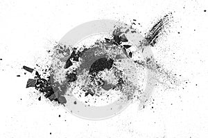 Black coal dust with effect fragments explosion isolated on white background, view from above