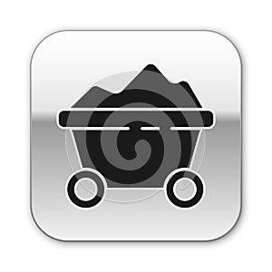 Black Coal mine trolley icon isolated on white background. Factory coal mine trolley. Silver square button. Vector