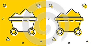 Black Coal mine trolley icon isolated on yellow and white background. Factory coal mine trolley. Random dynamic shapes