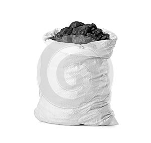 Black coal in sack on white background