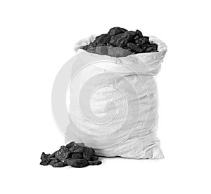Black coal in sack on white background