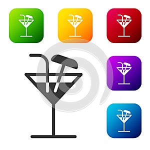 Black Cocktail icon isolated on white background. Set icons in color square buttons. Vector Illustration