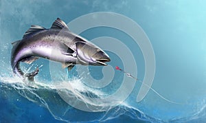 Black Cod, Sablefish attack fish bait jigs and stakes spoon bait jumping out of water illustration isolate realistic.