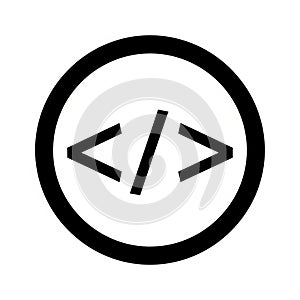 Black Code Symbol with Angle Brackets Inside a Black Circle on a White Background coding programming
