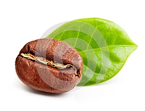 Black coffee bean, grain with leaf
